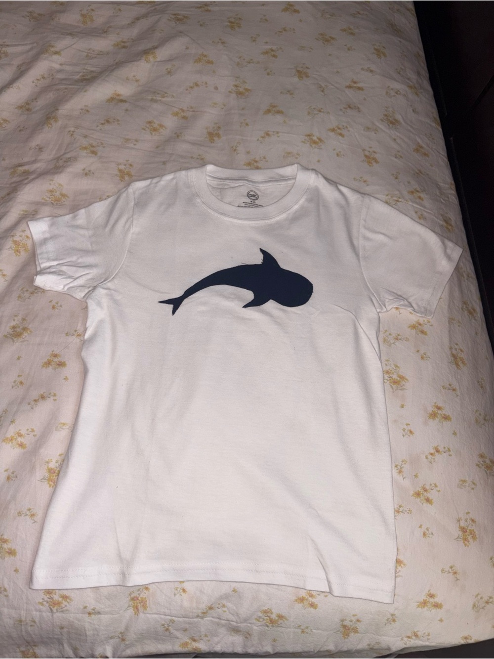 Handmade patched whale on white baby tee